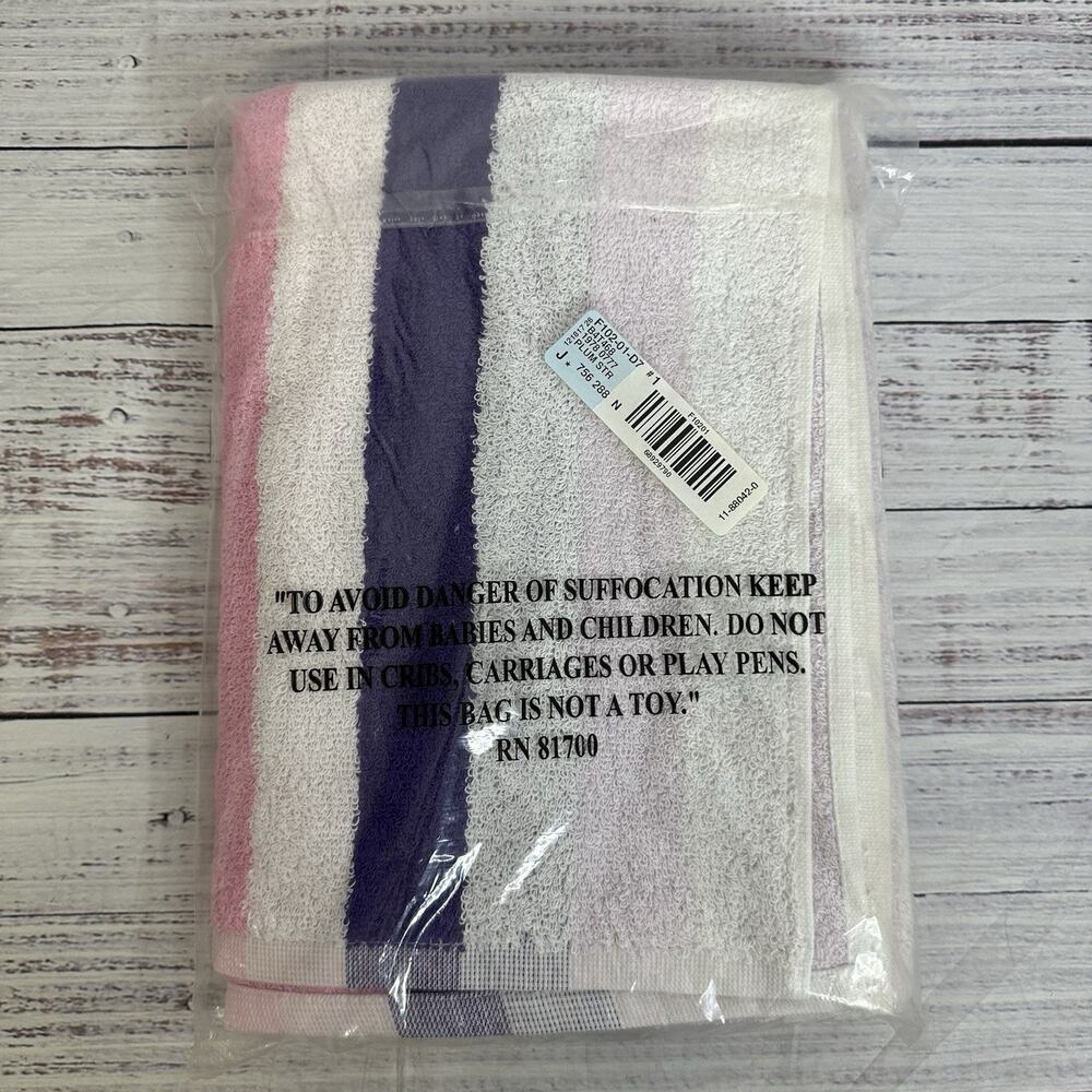 Vintage Bath Towel 100% Cotton Striped Multicolor Pink Purple White New